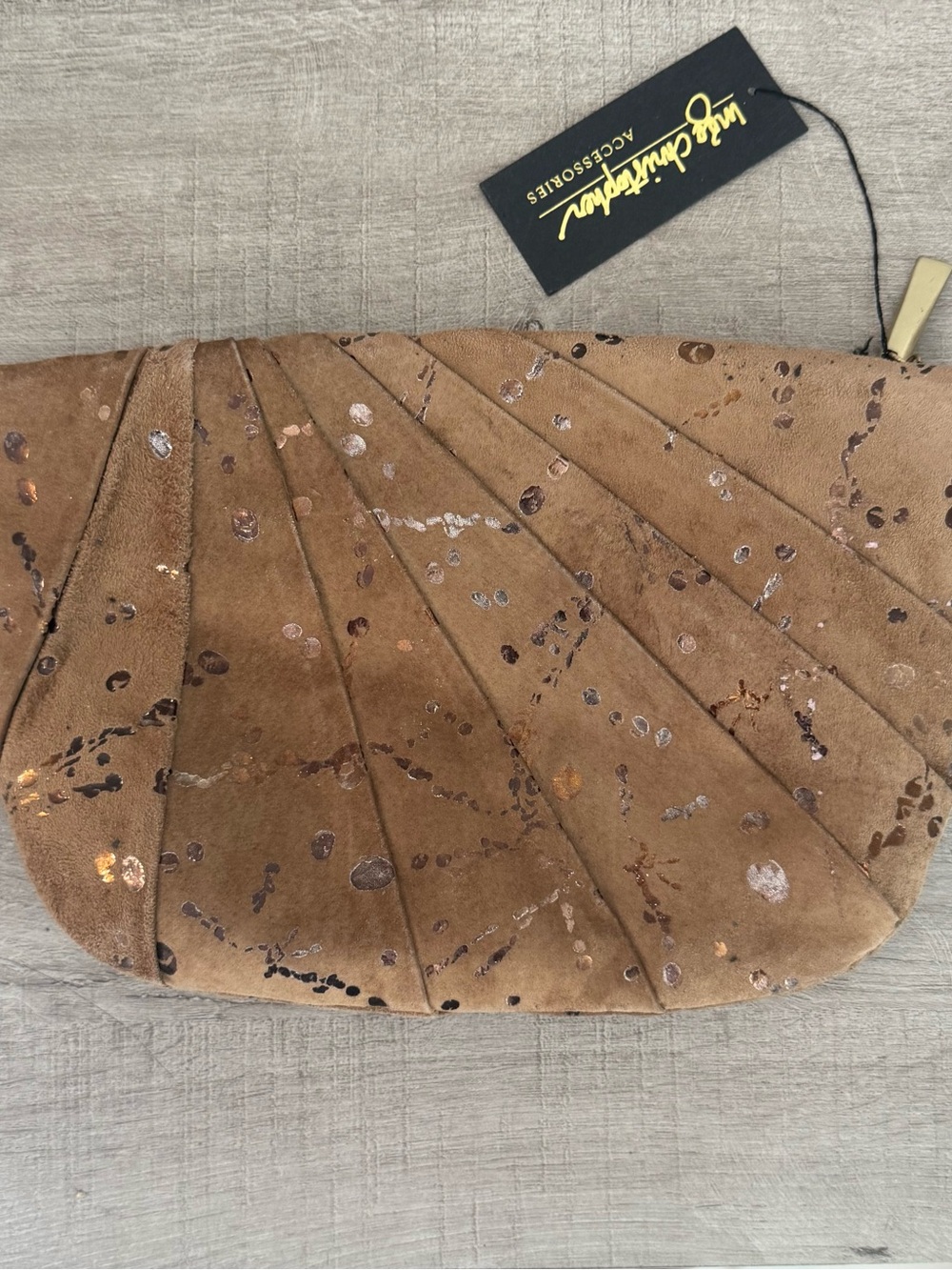 Inge Christopher Tan Suede Metallic Splatter Pleated Clutch | One Size - Picture 2 of 12